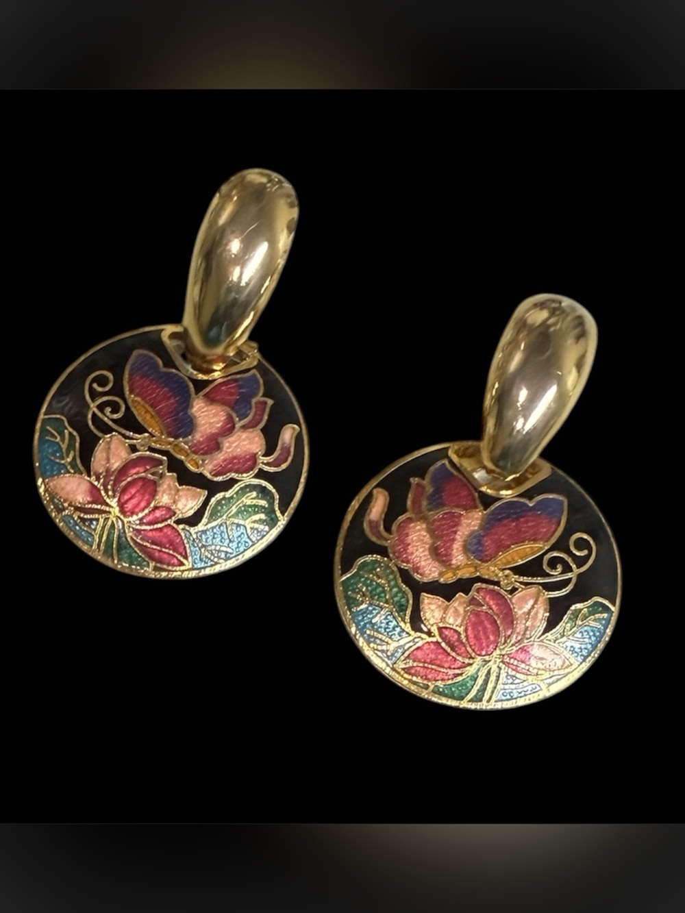 Vintage Cloisonné Colorful Butterfly Floral Gold-Tone Signed SG Post Earrings